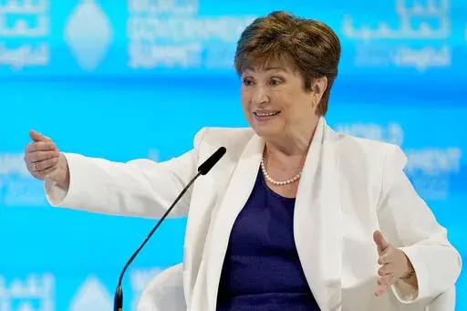International Monetary Fund Managing Director Kristalina Georgieva speaks during the World Government Summit at the Dubai Expo 2020, in Dubai, United Arab Emirates, Tuesday, March 29, 2022. (AP Photo/Ebrahim Noroozi)