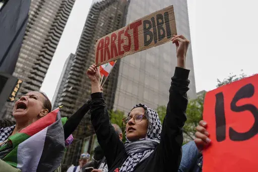 Palestinian supporters march near the United Nations headquarters at a protest against Israeli Prime Minister Benjamin Netanyahu during the 79th session of the UN General Assembly, Thursday, Sept. 26, 2024, in New York. (AP Photo/Julia Demaree Nikhinson)