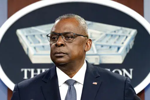 FILE - Secretary of Defense Lloyd Austin pauses while speaking during a media briefing at the Pentagon on Nov. 17, 2021, in Washington. (AP Photo/Alex Brandon, File)