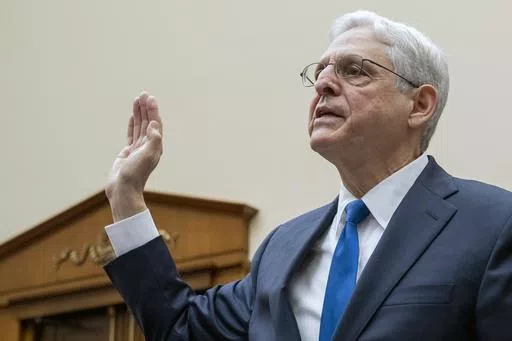 Attorney General Merrick Garland is sworn-in during a House Judiciary Committee hearing on the Department of Justice, Tuesday, June 4, 2024, on Capitol Hill in Washington. (AP Photo/Jacquelyn Martin)