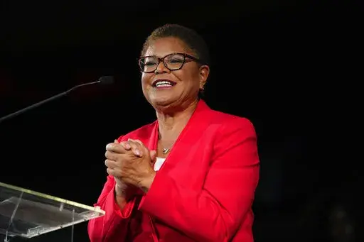 Los Angeles mayoral candidate Rep. Karen Bass, D-Calif., speaks at an election night party in Los Angeles, Tuesday, Nov. 8, 2022. (AP Photo/Jae C. Hong)