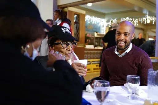 Wisconsin Democratic U.S. Senate candidate Mandela Barnes talks to supporters at a luncheon Wednesday, Oct. 19, 2022, in Milwaukee. (AP Photo/Morry Gash)