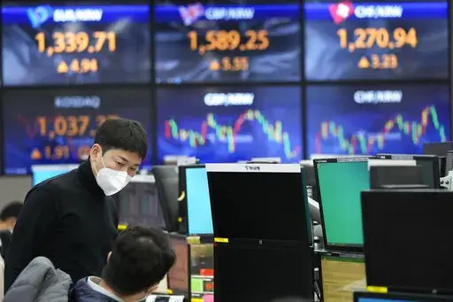 Currency traders talk each other at the foreign exchange dealing room of the KEB Hana Bank headquarters in Seoul, South Korea, Wednesday, Nov. 17, 2021. Asian shares slipped Wednesday despite a rally on Wall Street. (AP Photo/Ahn Young-joon)