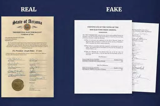 This image released in the final report by the House select committee investigating the Jan. 6 attack on the U.S. Capitol, on Dec. 22, 2022, shows a graphic that illustrates the difference between real and fake Presidential Elector Ballots from Arizona. An Arizona grand jury's indictment of 18 people who either posed as or helped organize a slate of electors claiming Donald Trump won the state in 2020 could help shape the landscape of challenges to the 2024 election. (House Select Committee via 