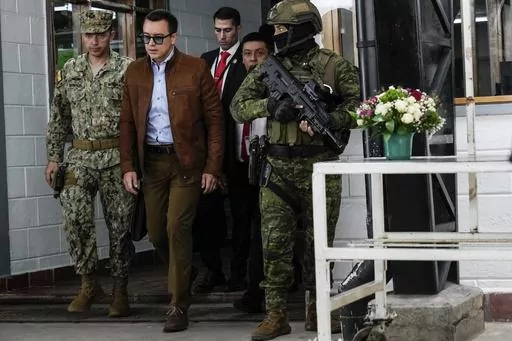 President Daniel Noboa arrives for an event with youths in El Quinche, Ecuador, Monday, April 8, 2024. (AP Photo/Dolores Ochoa)