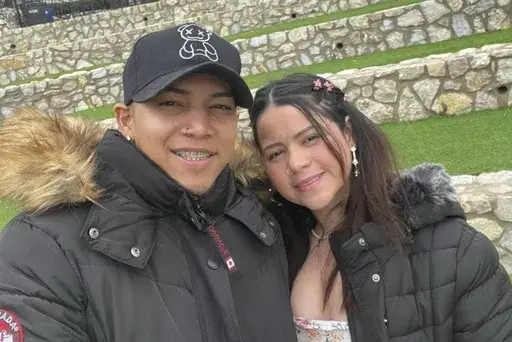 This undated photo provided by Johanny Sanchez shows Sanchez, right, and her husband Franco Caraballo, who was sent over the weekend to El Salvador accused by the Trump administration of belonging to the Venezuelan Tren de Aragua gang. (Johanny Sanchez via AP)