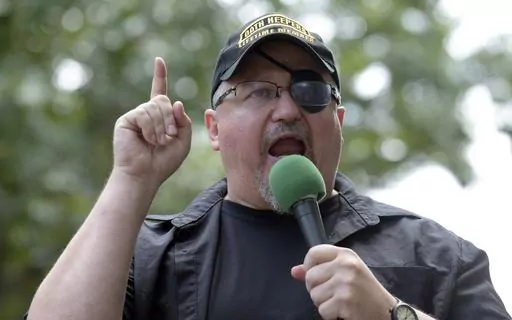 Stewart Rhodes, founder of the Oath Keepers, speaks during a rally outside the White House in Washington, June 25, 2017. A study released on Wednesday, Oct. 25, 2023, has found that people convicted of crimes related to domestic extremism face far shorter prison terms than those convicted in international terrorism cases, even when the crimes are similar. Prosecutors had requested 25 years in prison for Rhodes in a Jan. 6 case. U.S. District Judge Amit Mehta sentenced him to 18 years in May 2023