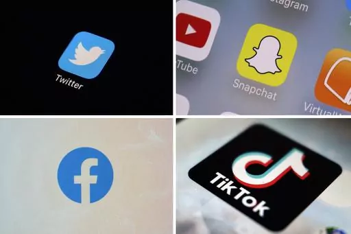 This combination of photos shows logos of Twitter, top left; Snapchat, top right; Facebook, bottom left; and TikTok. A bipartisan group of senators on Wednesday, April 26, 2023, introduced legislation aiming to prohibit all children under the age of 13 from using social media and would require permission from a guardian for users under 18 to create an account. It is one of several proposals in Congress seeking to make the internet safer for children and teens. (AP Photo, File)