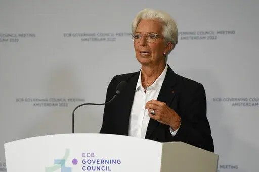 Christine Lagarde, European Central Bank President explains the Governing Council's monetary policy decisions during a press conference in Amsterdam, Netherlands, Thursday, June 9, 2022. The European Central Bank said it would carry out its first interest rate increase in 11 years in July, followed by another hike in September. The bank made the surprise move Thursday, saying that inflation had become a "major challenge" and that inflationary forces had "broadened and intensified." (AP Photo/Pet