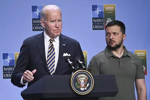 President Joe Biden, left, speaks at an event with G7 leaders and Ukrainian President Volodymyr Zelensky during the NATO Summit, in Vilnius, Lithuania, July 12, 2023. Biden's strong backing for Ukraine's effort to repel Russia's invasion has been the rare issue where he's mustered bipartisan support. But this week’s first GOP presidential debate—and recent comments by former President Donald Trump on Ukraine— suggest that the dynamic will face a stress test as the 2024 presidential campaig