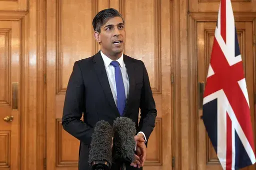 British Prime Minister Rishi Sunak issues a statement after British and US forces struck Houthi targets in Yemen, at 10 Downing Street, London, Friday May 31, 2024. The U.S. and Britain struck 13 Houthi targets in several locations in Yemen on Thursday in response to a recent surge in attacks by the Iran-backed militia group on ships in the Red Sea and Gulf of Aden over the Israel-Hamas war. (Yui Mok/Pool Photo via AP)