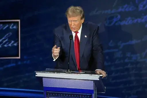Republican presidential nominee former President Donald Trump speaks during a presidential debate with Democratic presidential nominee Vice President Kamala Harris at the National Constitution Center, Tuesday, Sept.10, 2024, in Philadelphia. (AP Photo/Alex Brandon)