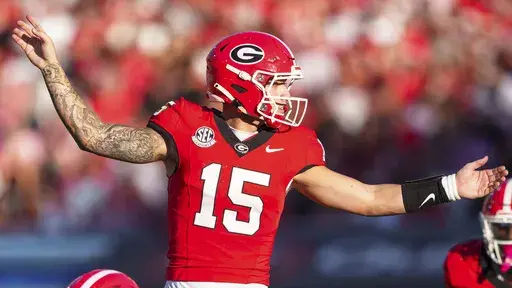Georgia quarterback Carson Beck (15) calls an audible during an NCAA college football game against Mississippi State, Saturday, Oct. 12, 2024, in Athens, Ga. (AP Photo/Jason Allen)