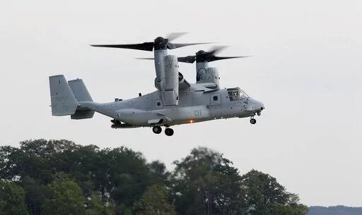 A MV-22B Osprey tiltrotor aircraft flies at Marine Corps Air Facility at Marine Corps Base in Quantico, Va., on on Aug. 3, 2012. Officials say a Marine Corps MV-22B Osprey carrying five Marines crashed in the Southern California desert, Wednesday afternoon, June 8, 2022, during training in a remote area near the community of Glamis in Imperial County. Military officials have yet to release official word on the fate of the five Marines. (AP Photo/Haraz N. Ghanbari, File)