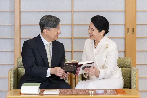 This photo provided by the Imperial Household Agency of Japan, shows Japan's Emperor Naruhito and Empress Masako at the Imperial Palace Small Hall in Tokyo Nov. 27, 2024, before the empress turned 61 on her birthday on Monday, Dec. 9. (Imperial Household Agency via AP)