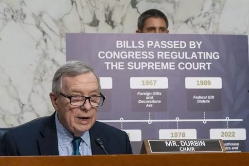 Senate Judiciary Committee chairman Sen. Dick Durbin, D-Ill., speaks during a mark up business meeting of the Senate Judiciary Committee, on Capitol Hill, Thursday, Nov. 9, 2023, in Washington. (AP Photo/Alex Brandon)
