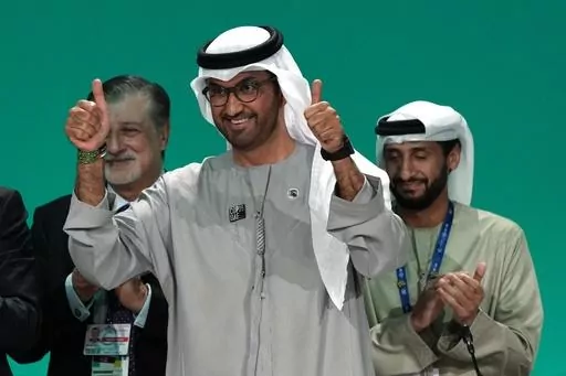 COP28 President Sultan al-Jaber gestures at the end of the COP28 U.N. Climate Summit, Wednesday, Dec. 13, 2023, in Dubai, United Arab Emirates. (AP Photo/Kamran Jebreili)