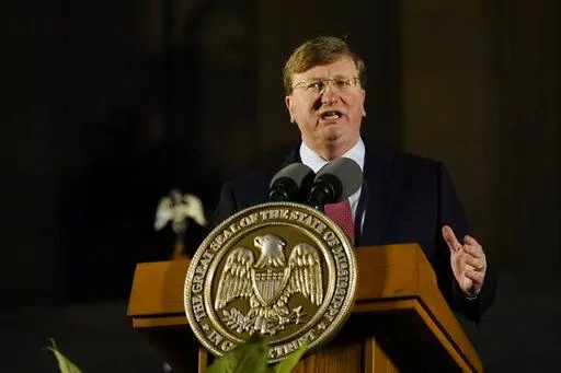 Republican Gov. Tate Reeves outlines his priorities during his State of the State address before a joint session of the Mississippi Legislature on the steps of the State Capitol in Jackson, Miss., Monday, Jan. 30, 2023. (AP Photo/Rogelio V. Solis)