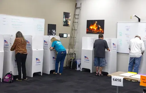 Voters cast their ballots at Precinct 1411 and 1416 located in the Eagle Fire Department in Eagle, Idaho during Idaho's Primary Election in Eagle, Idaho, Tuesday, May 17, 2022. (AP Photo/Kyle Green)