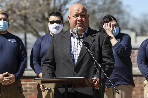 Smiths Station Mayor Bubba Copeland speaks during the Wednesday, March 3, 2019, tornado remembrance ceremony at Courthouse Square in downtown Opelika, Ala. (Sara Palczewski/Opelika-Auburn News via AP)