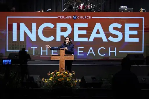 Democratic vice presidential candidate Sen. Kamala Harris, D-Calif., speaks at Triumph Church, Sunday, Oct. 25, 2020, in Southfield, Mich. Black clergy marvel at the fusion of traditions and teachings that have molded Kamala Harris' religious faith and social-justice values. (AP Photo/Carlos Osorio, File)