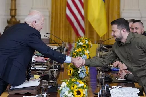 President Joe Biden shakes hands with Ukrainian President Volodymyr Zelenskyy in the East Room of the White House, Thursday, Sept. 21, 2023, in Washington. (AP Photo/Evan Vucci)