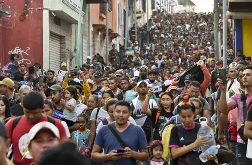 Migrants begin their journey north in hopes of reaching the U.S. border, in Tapachula, Chiapas state, Mexico, April 23, 2023. Mexico President Andrés Manuel López Obrador and Guatemala President Bernardo Arévalo met Friday, May 17, 2024, in this Mexican border city to tackle issues of shared interest, foremost among them immigration. (AP Photo/Edgar Hernandez Clemente, File)