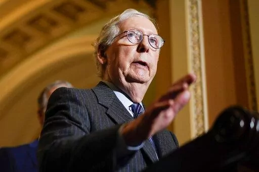 Senate Minority Leader Mitch McConnell, R-Ky., speaks during a news conference on Capitol Hill in Washington, Tuesday, Dec. 7, 2021.(AP Photo/Carolyn Kaster)