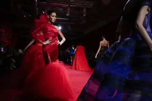 Winnie Harlow walks the runway during the Christian Siriano Fall/Winter 2025 fashion show at Chelsea Industrial during New York Fashion Week on Thursday, Feb. 6, 2025, in New York. (Photo by Charles Sykes/Invision/AP)