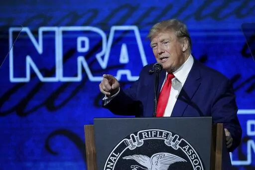 Former president Donald Trump speaks during the Leadership Forum at the National Rifle Association Annual Meeting at the George R. Brown Convention Center Friday, May 27, 2022, in Houston. (AP Photo/Michael Wyke)