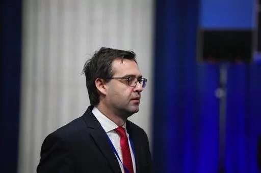 Moldova's Foreign Minister Nicu Popescu attends the meeting of NATO Ministers of Foreign Affairs in Bucharest, Romania, Wednesday, Nov. 30, 2022. (AP Photo/Andreea Alexandru)