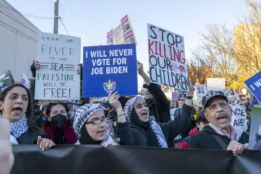 Around a thousand Palestinian and pro-Palestinian demonstrators rally at the corner of W. Hubbard St. and N. Armour St. near where President Joe Biden was attending a fundraising event in the West Town neighborhood of Chicago, Thursday, Nov. 9, 2023. Demonstrators were demanding that the President as well as national Democrats use their power to broker a ceasefire between Israel and Hamas whose conflict has killed thousands of civilians most of whom are Palestinian. (Tyler Pasciak LaRiviere/Chic