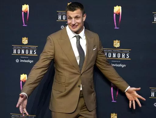 Rob Gronkowski arrives for the NFL Honors in Inglewood, Calif., on Feb. 10, 2022. The four-time Super Bowl winner will host a music festival called “Gronk Beach” in Phoenix on Saturday, Feb. 11, 2023, a day ahead of the Super Bowl. (AP Photo/Marcio Jose Sanchez, File)