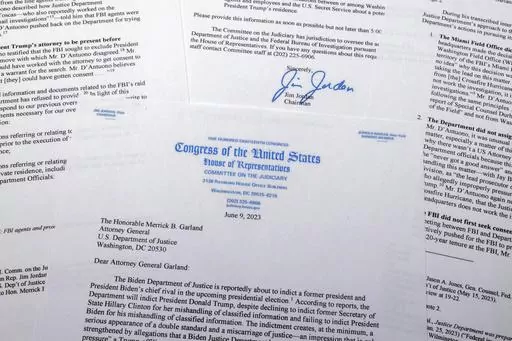 A letter that House Judiciary Committee Chairman Jim Jordan, of Ohio, wrote on June 9, 2023, to Attorney General Merrick Garland is photographed in Frederick, Md. Former President Donald Trump’s indictment on charges of mishandling classified documents is set to play out in federal court in Florida. But thousands of miles away in Washington, part of Trump’s defense is well underway in a different venue — the halls of Congress, where Republicans have been preparing for months to wage an agg