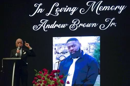 Rev. Al Sharpton speaks during the funeral for Andrew Brown Jr. on May 3, 2021, at Fountain of Life Church in Elizabeth City, N.C. On Monday, June 6, 2022, a North Carolina sheriff’s office announced a $3 million settlement in a lawsuit filed by the family of Brown Jr., who was shot and killed while unarmed by sheriff’s deputies more than a year earlier. (AP Photo/Gerry Broome, File)