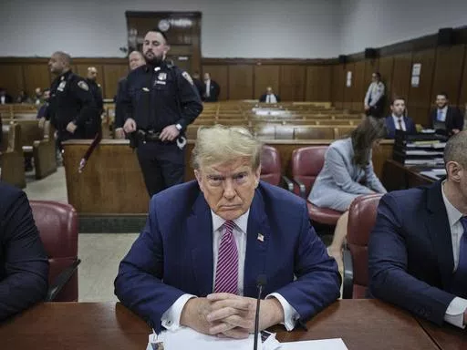 Former President Donald Trump appears at Manhattan criminal in New York, Friday, April 19, 2024. (Curtis Means/Pool Photo via AP)