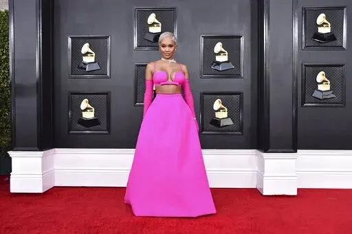 Saweetie arrives at the 64th Annual Grammy Awards at the MGM Grand Garden Arena on Sunday, April 3, 2022, in Las Vegas. (Photo by Jordan Strauss/Invision/AP)