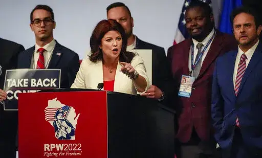 Gubernatorial candidate and former Lt. Gov. Rebecca Kleefisch addresses the audience during the Republican State Convention in Middleton, Wis., Saturday, May 21, 2022. (Ebony Cox/Milwaukee Journal-Sentinel via AP)