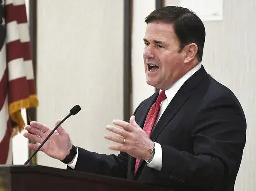 Arizona Gov. Doug Ducey re-delivers his State of the State address in front of a Yuma crowd Thursday, Feb. 17, 2022 inside Pivot Point Conference Center. (Randy Hoeft/The Yuma Sun via AP)