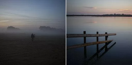 Rancher Jean-Claude Groul, left, fetches his horse at dawn to start the day’s work and a marshland, right, used for grazing semi-wild bulls and horses in the Camargue, southern France, Oct. 11, 2022. (AP Photo/Daniel Cole)
