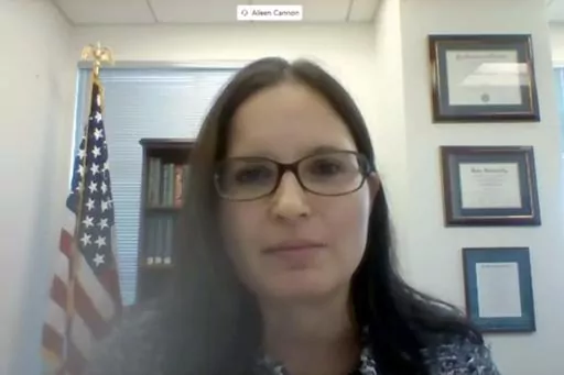 In this image from video provided by the U.S. Senate, Aileen M. Cannon speaks remotely during a Senate Judiciary Committee oversight nomination hearing to be U.S. District Court for the Southern District of Florida on July 29, 2020, in Washington. The federal judge overseeing the Florida classified documents case against Donald Trump is holding a hearing about a potential conflict of interest involving a co-defendant's lawyer. (U.S. Senate via AP)