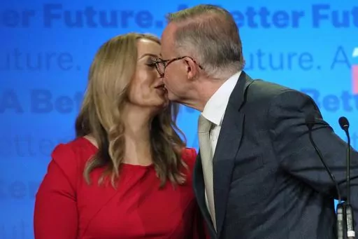 Anthony Albanese, right, kisses his partner partner Jodie Haydon while thanking supporters at a Labor Party event in Sydney, Australia, May 22, 2022, following a national election. Albanese has become the first Australian prime minister to get engaged while in office, revealing Thursday, Feb. 15, 2024, that his partner Haydon accepted his marriage proposal on Valentine's Day. (AP Photo/Rick Rycroft, File)