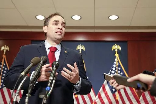 Rep.-elect Wiley Nickel, D-N.C., speaks with reporters after newly-elected members of the House of Representatives attended an orientation program, in Washington, Monday, Nov. 14, 2022. (AP Photo/Mariam Zuhaib)