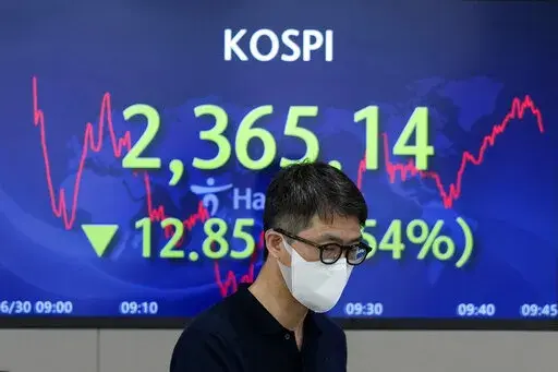 A currency trader walks by the screen showing the Korea Composite Stock Price Index (KOSPI) at a foreign exchange dealing room in Seoul, South Korea, Thursday, June 30, 2022. Asian stock markets were mixed Thursday after the U.S. economy contracted and China reported stronger factory activity.(AP Photo/Lee Jin-man)