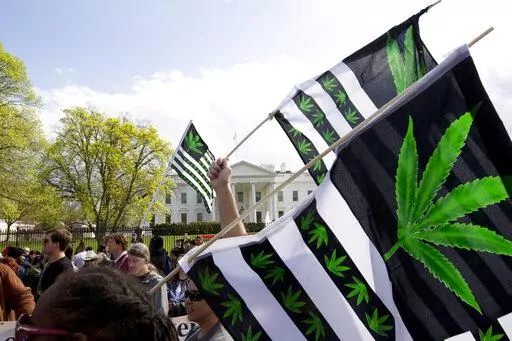 A demonstrator waves a flag with marijuana leaves depicted on it during a protest calling for the legalization of marijuana, outside of the White House on April 2, 2016, in Washington. President Joe Biden is pardoning thousands of Americans convicted of “simple possession” of marijuana under federal law, as his administration takes a dramatic step toward decriminalizing the drug and addressing charging practices that disproportionately impact people of color. (AP Photo/Jose Luis Magana, File