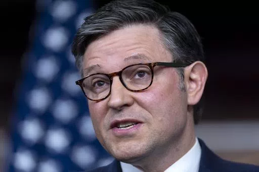 Speaker of the House Mike Johnson, R-La., speaks at a news conference amid threats that Rep. Marjorie Taylor Greene, R-Ga., a staunch ally of former President Donald Trump, is threatening to oust Johnson from his leadership post, at the Capitol in Washington, Tuesday, May 7, 2024. (AP Photo/J. Scott Applewhite)