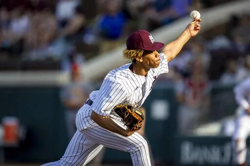 Mississippi State pitcher Jurrangelo Cijntje (50) delivers left-handed against Louisiana-Monroe during an NCAA college baseball game, Wednesday, Feb. 22, 2023, in Starkville, Miss. Cijntje struck out seven of the 15 batters he faced in four innings against Louisiana-Monroe. His fastball was clocked at 97 mph right-handed and 92 mph left-handed. (AP Photo/Vasha Hunt)