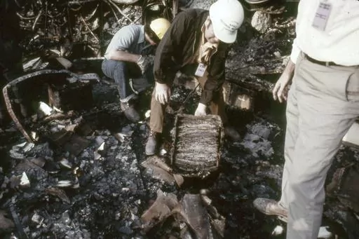 In this photo provided by the National archives, records from the sixth floor of the Military Personnel Records Center in Overland, Mo., near St. Louis, are recovered months after the massive fire that started on July 12, 1973. The box was soaked in water and covered completely with mold. (National Archives via AP)