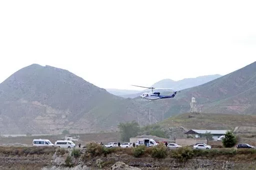 The helicopter carrying Iranian President Ebrahim Raisi takes off at the Iranian border with Azerbaijan after President Raisi and his Azeri counterpart Ilham Aliyev inaugurated dam of Qiz Qalasi, or Castel of Girl in Azeri, Iran, on May 19, 2024. While the cause of the May 19 crash remains unknown, the sudden death of the hard-line protégé of Iranian Supreme Leader Ayatollah Ali Khamenei exposed the contradictions and challenges facing the country's Shiite theocracy. (Ali Hamed Haghdoust, IRNA