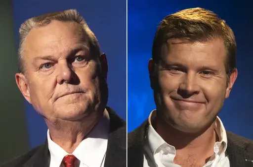 This combination of images shows from left, U.S. Sen. Jon Tester, and opponent, Republican Montana Senate candidate Tim Sheehy, during a debate in Missoula, Mont., on Sept. 30, 2024. (Ben Allan Smith/The Missoulian via AP, File)